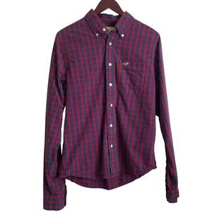Hollister‎ Mens Button Down Shirt XL Red Blue Plaid Cotton Long Sleeve Preppy